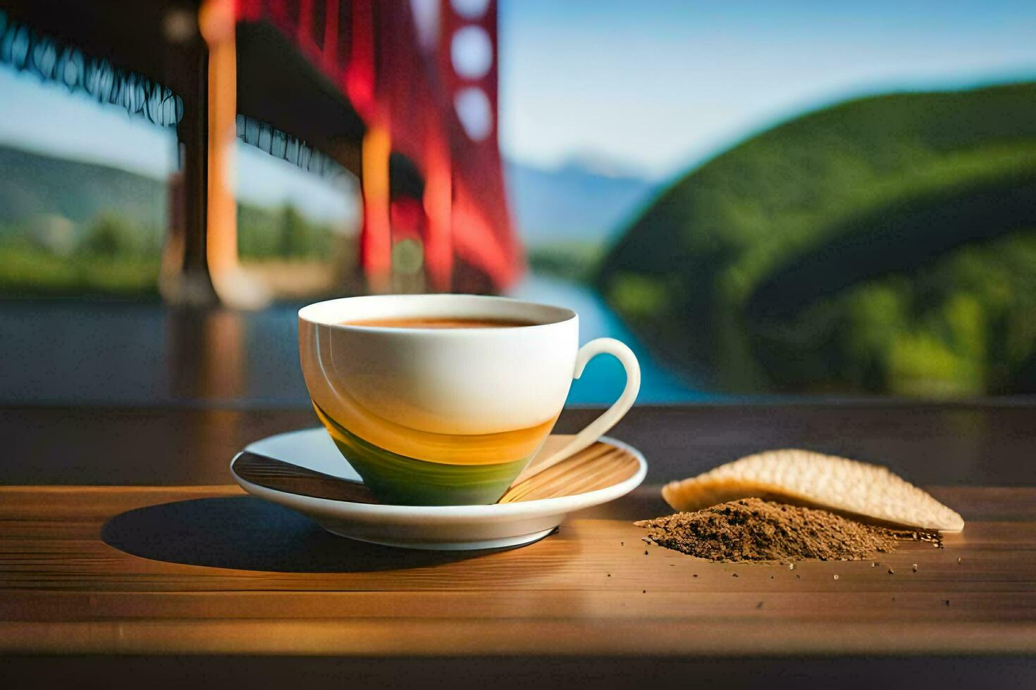 a cup of coffee and a biscuit on a wooden table in front of a golden bridge. AI-Generated photo