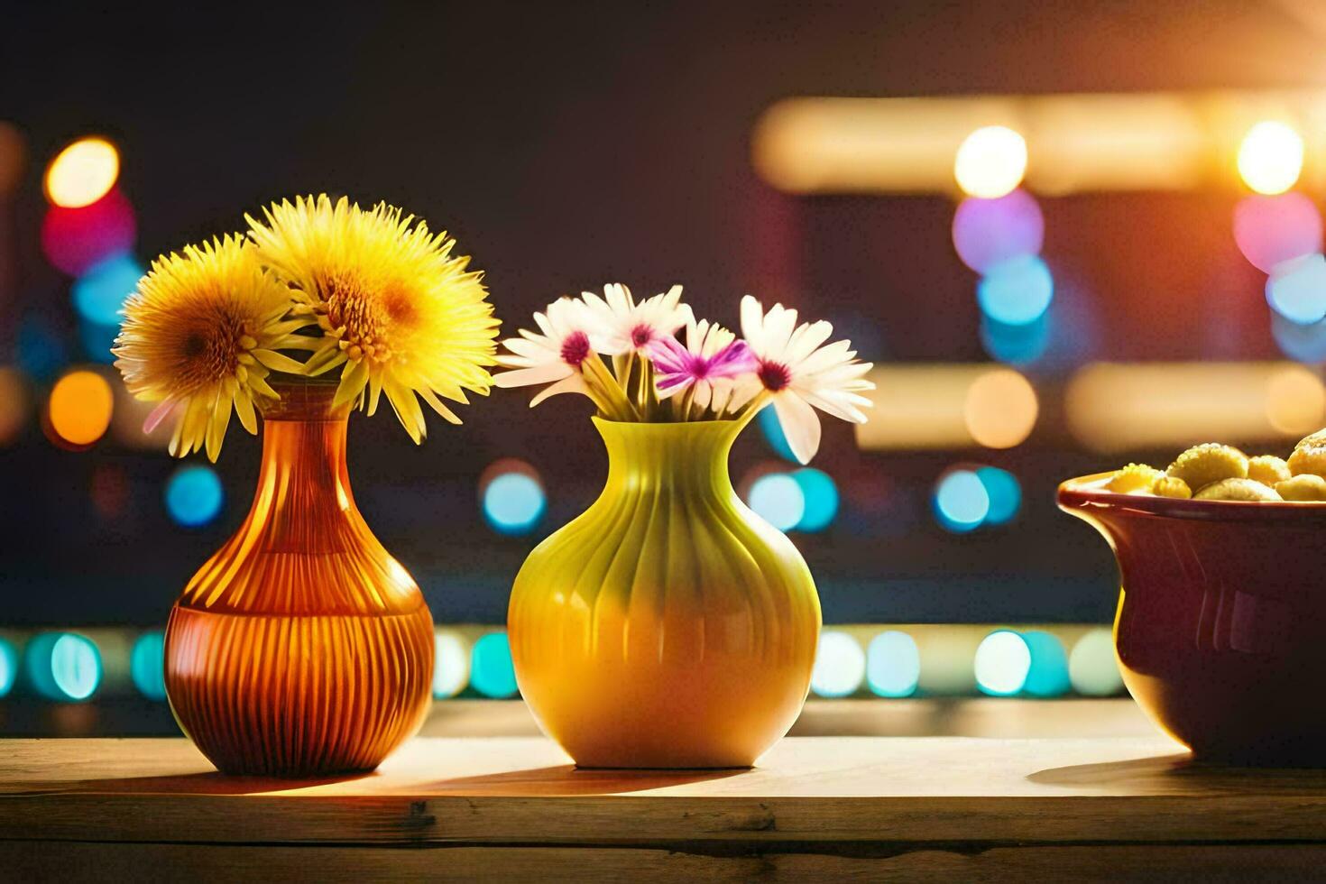 three vases with flowers on a table in front of a blurred background. AI-Generated photo