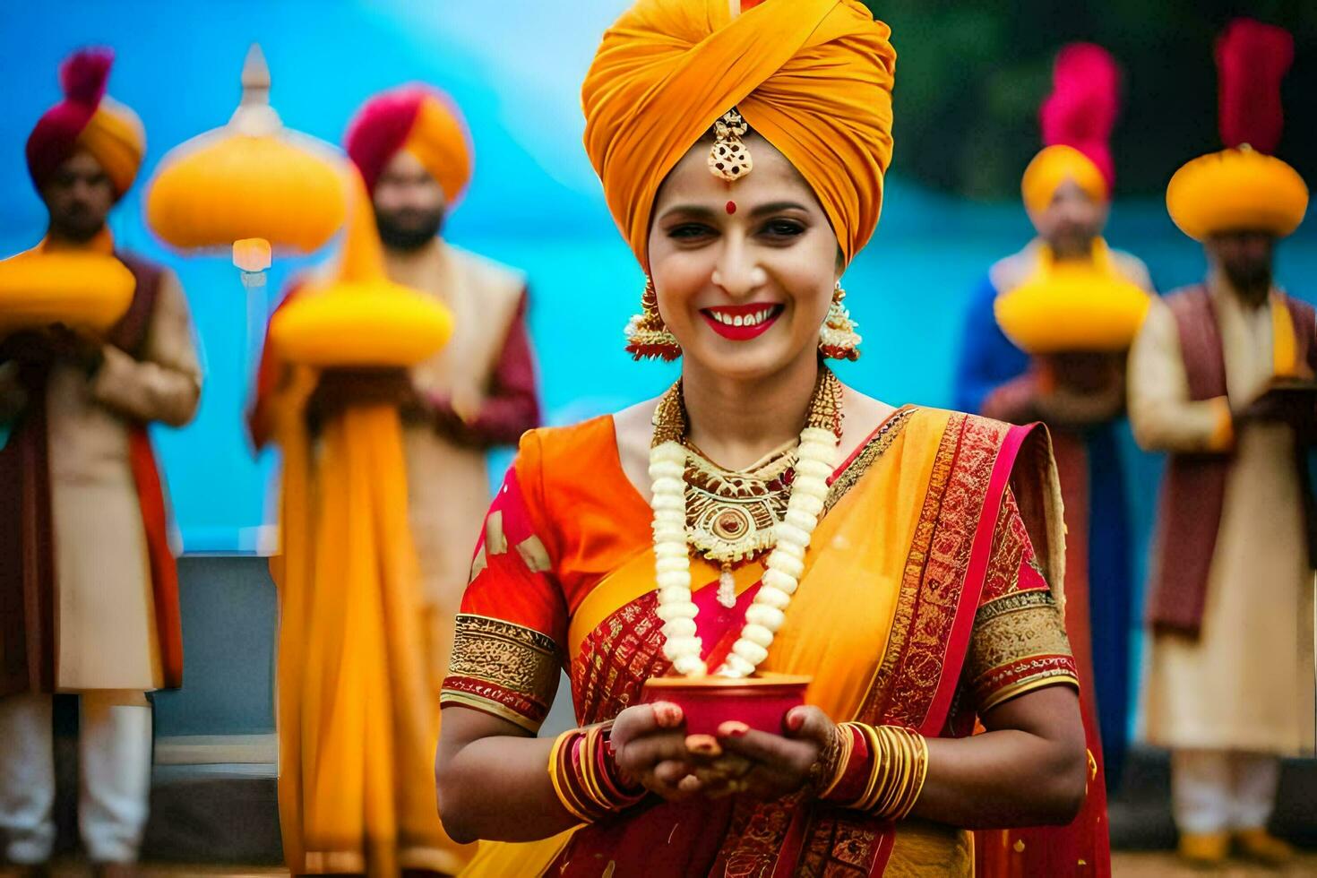 indian bride in traditional attire holding a candle. AI-Generated photo