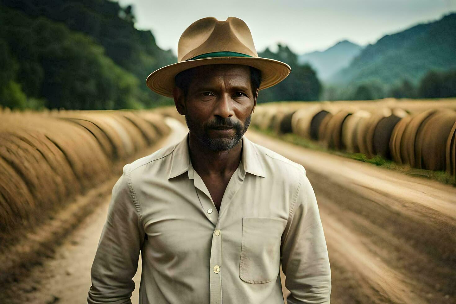 a man in a hat standing in a field. AI-Generated photo