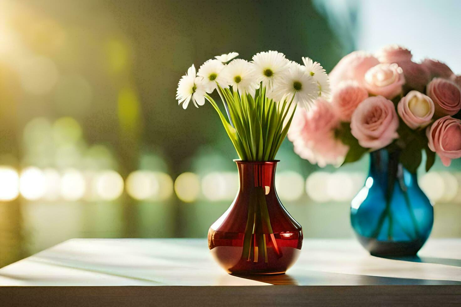 two vases with flowers on a table. AI-Generated photo