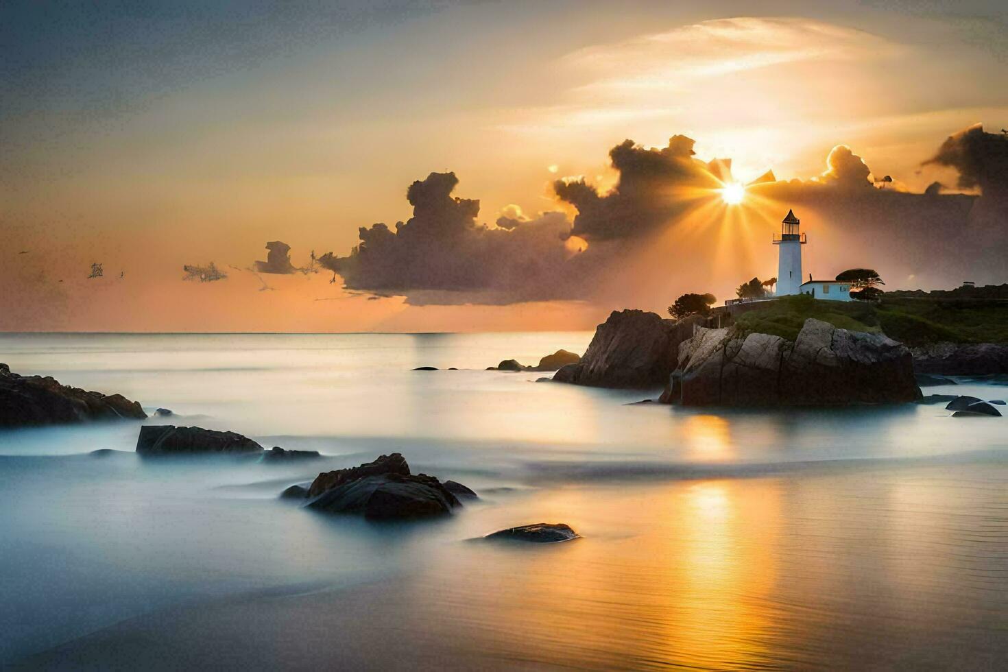 a lighthouse stands on the shore of a body of water at sunset. AI-Generated photo