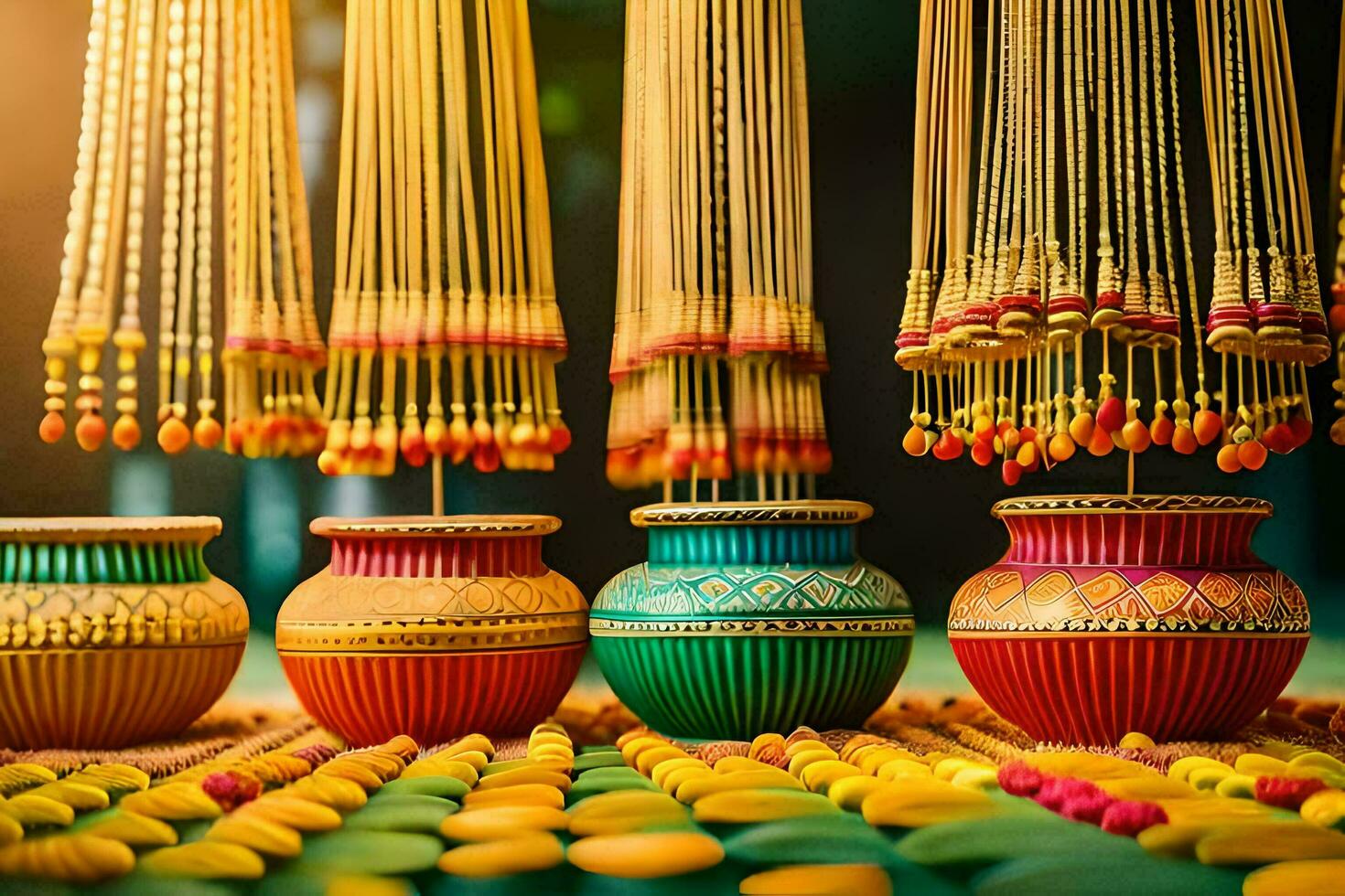 vistoso ollas y instrumentos de cuerda colgando desde un techo. generado por ai foto