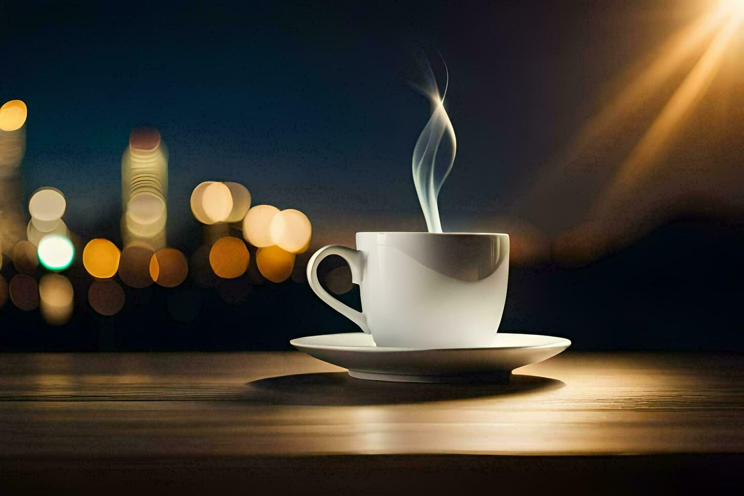 a cup of coffee on a table with city lights in the background. AI-Generated photo