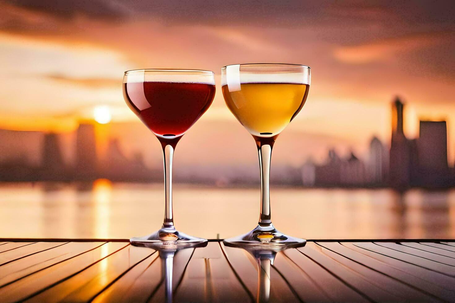 two glasses of wine on a table with a city in the background. AI-Generated photo