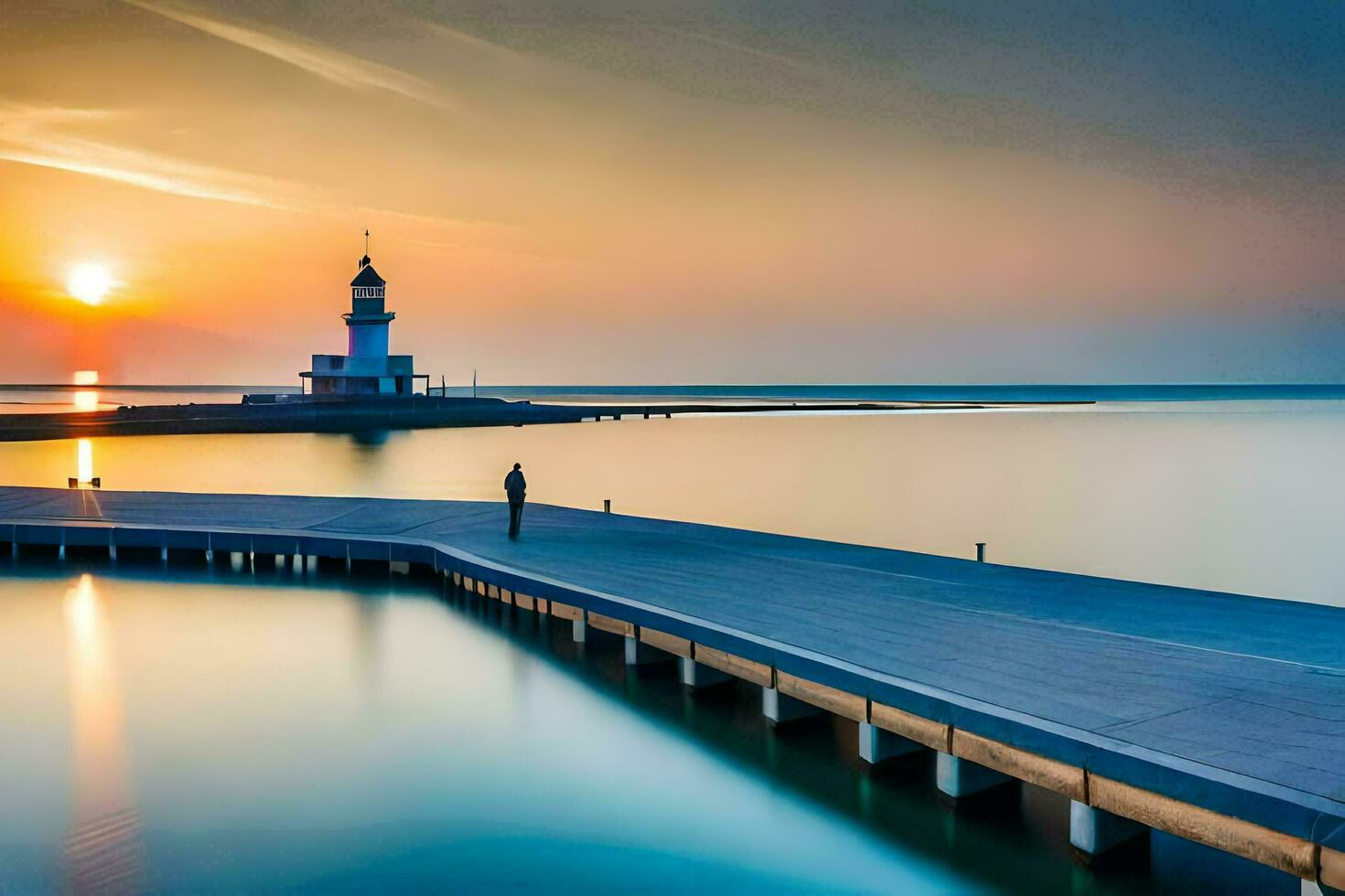 a man stands on a pier looking at the sun setting over the water. AI-Generated photo