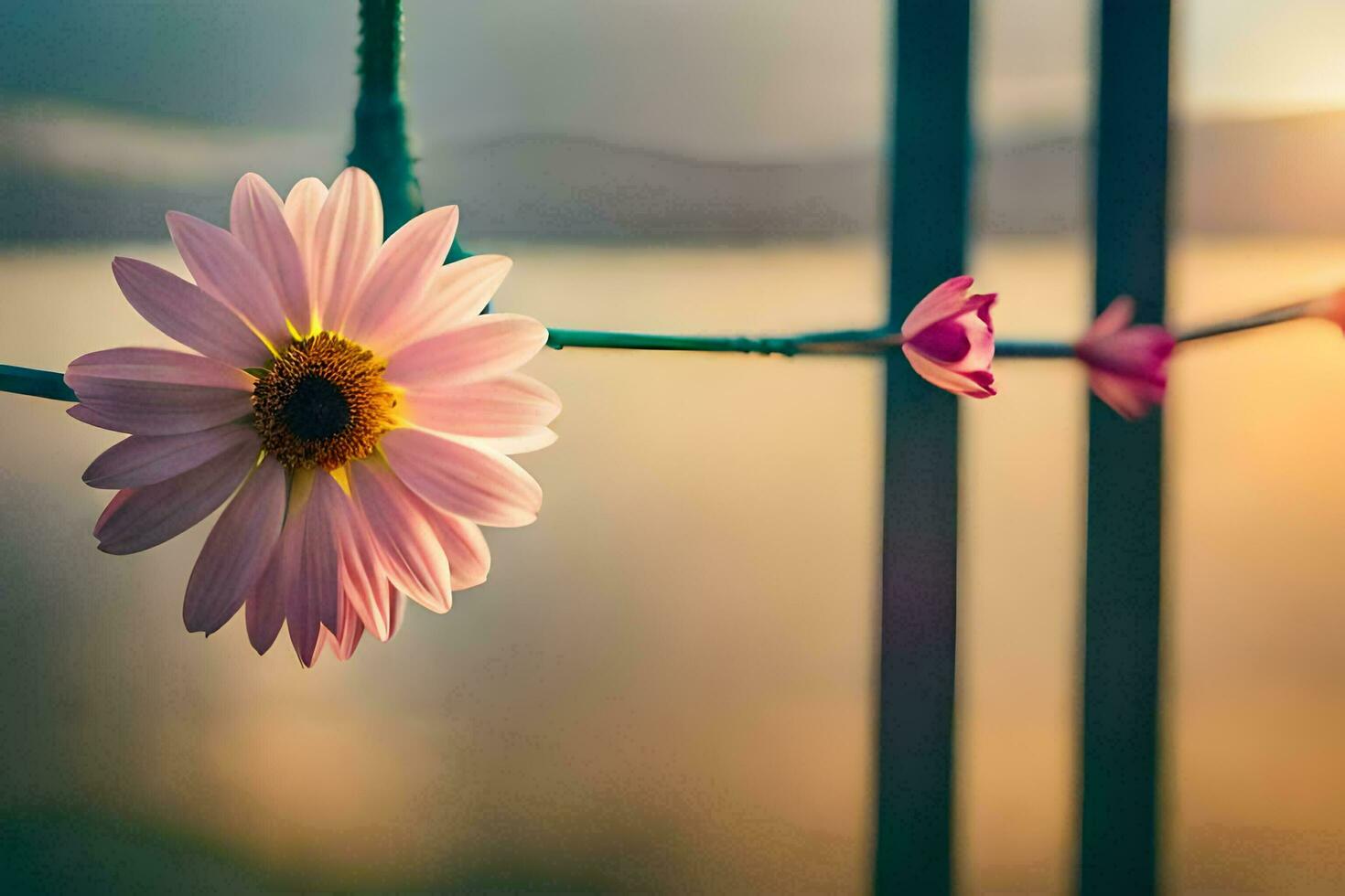 a pink flower is hanging from a wire. AI-Generated photo