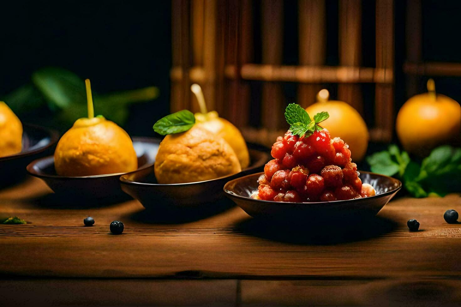 a table with fruit and dessert in bowls. AI-Generated photo