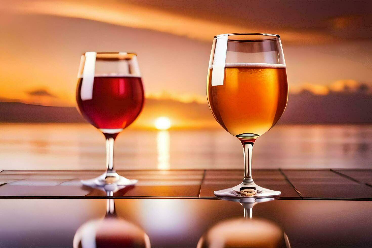 two glasses of wine on a table with the sun setting behind them. AI-Generated photo