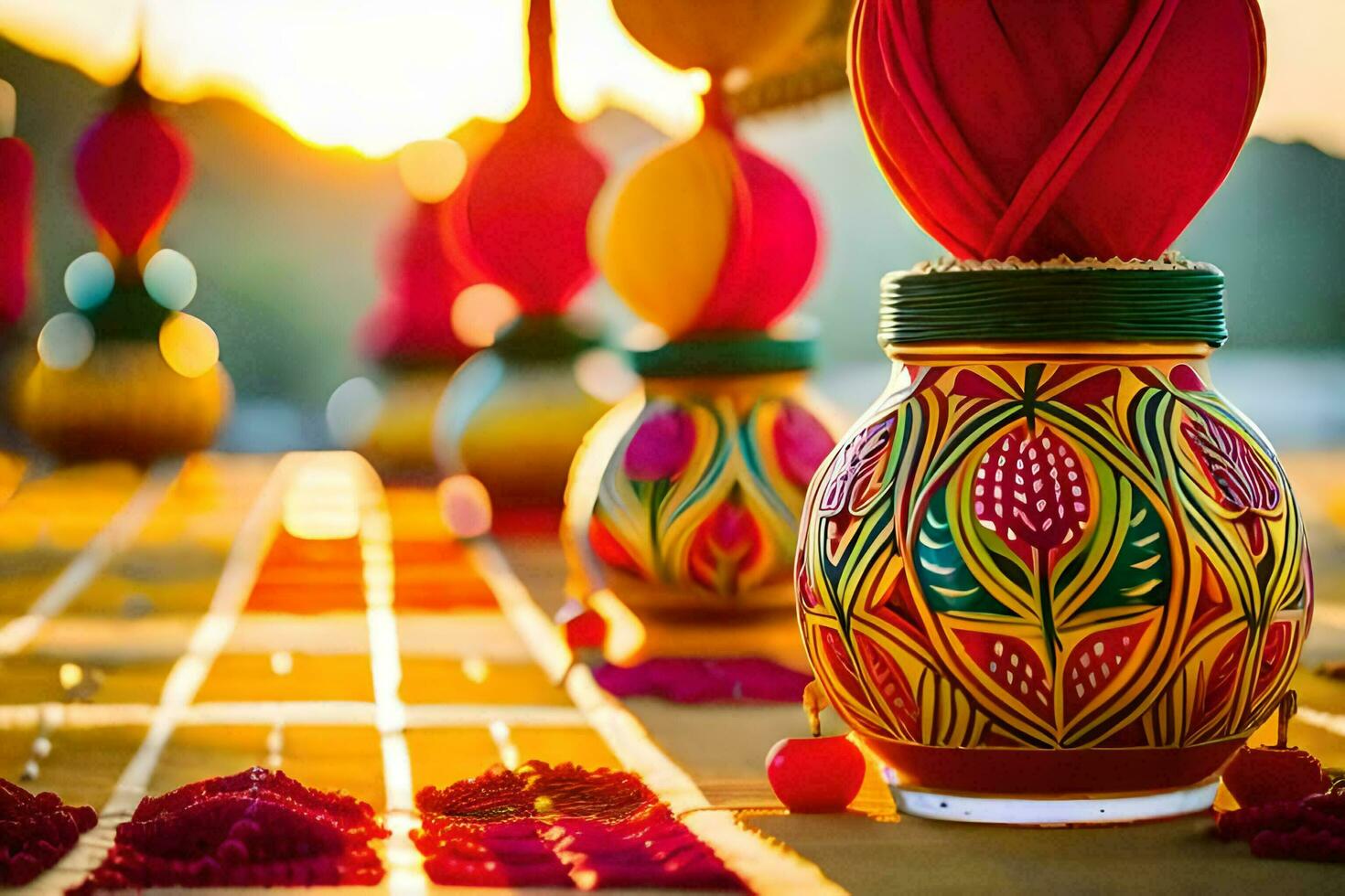 colorful vases with colorful decorations on a table. AI-Generated photo