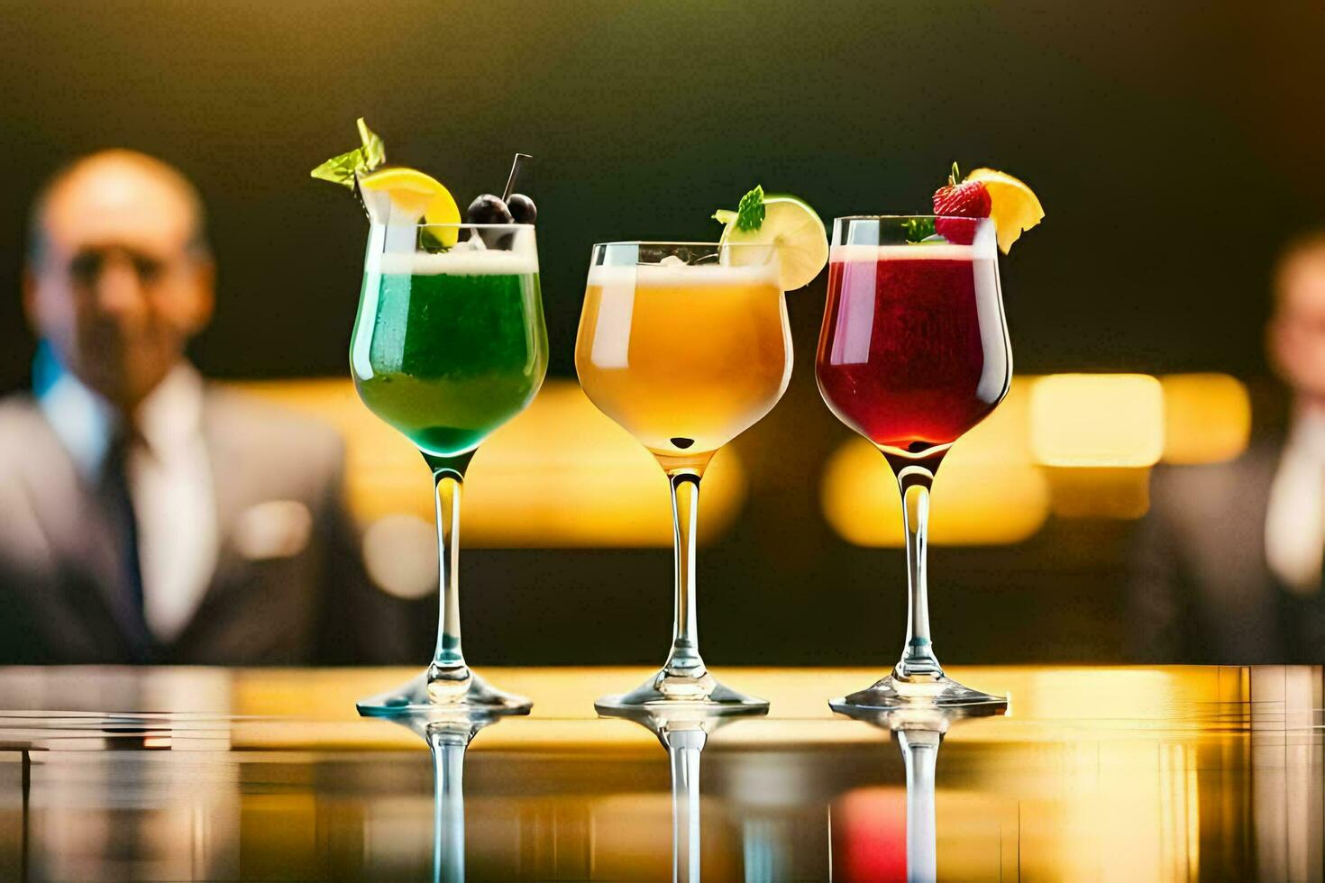 three different cocktails on a bar. AI-Generated photo