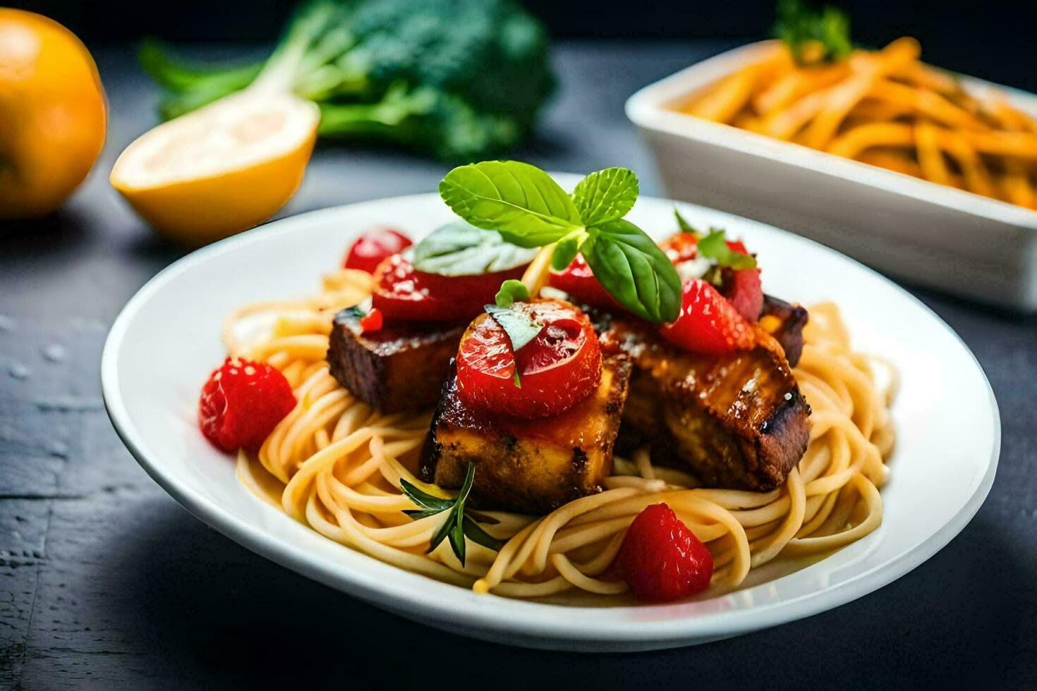 chicken with tomato sauce and pasta on a plate. AI-Generated photo
