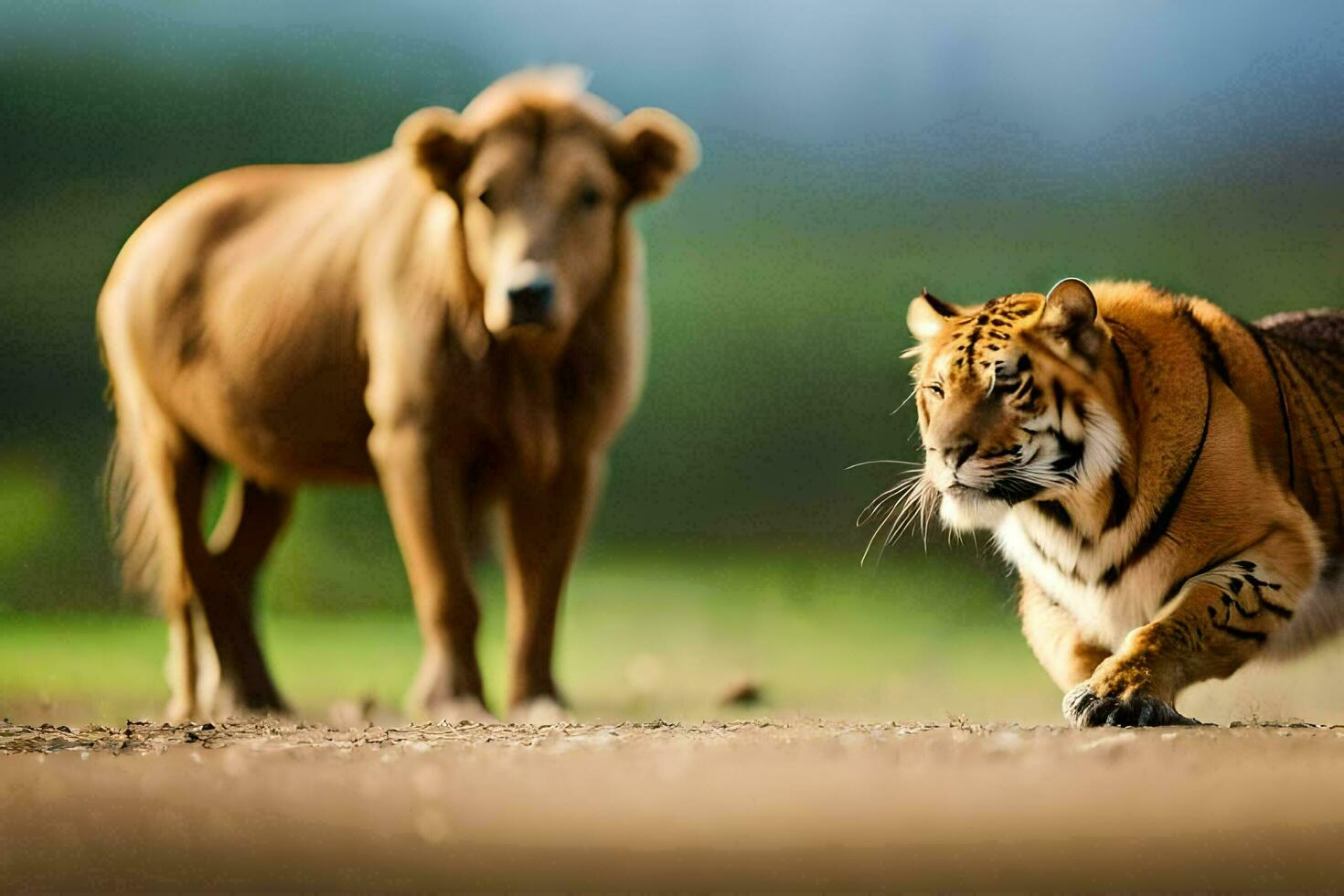 a tiger and a bison walk together in the wild. AI-Generated photo