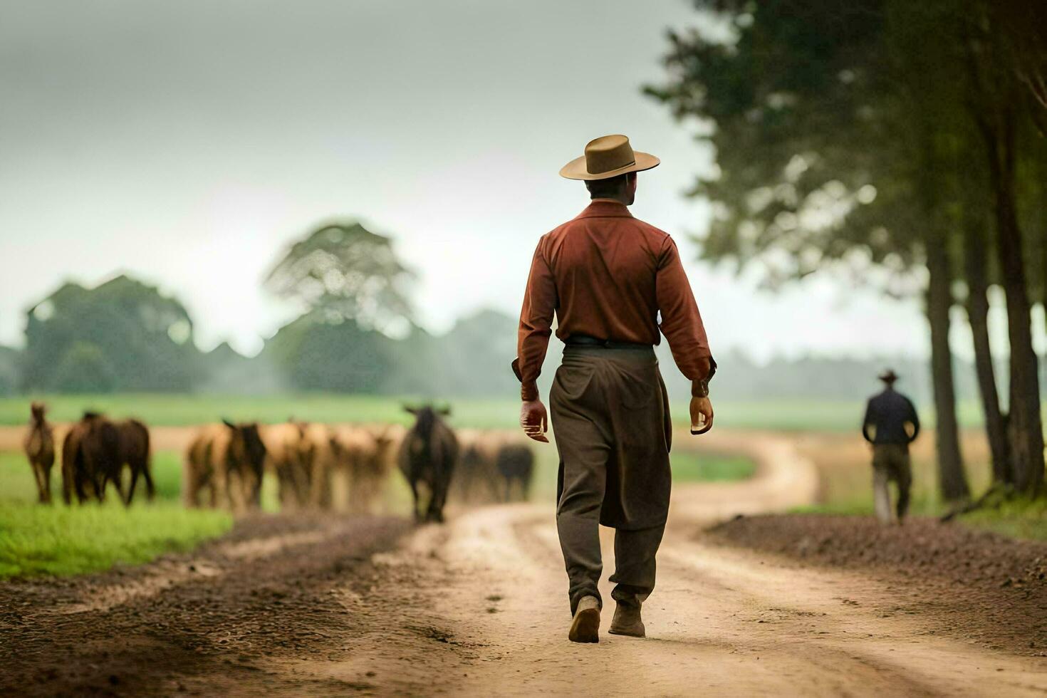 a man in a cowboy hat walking down a dirt road with cows. AI-Generated photo