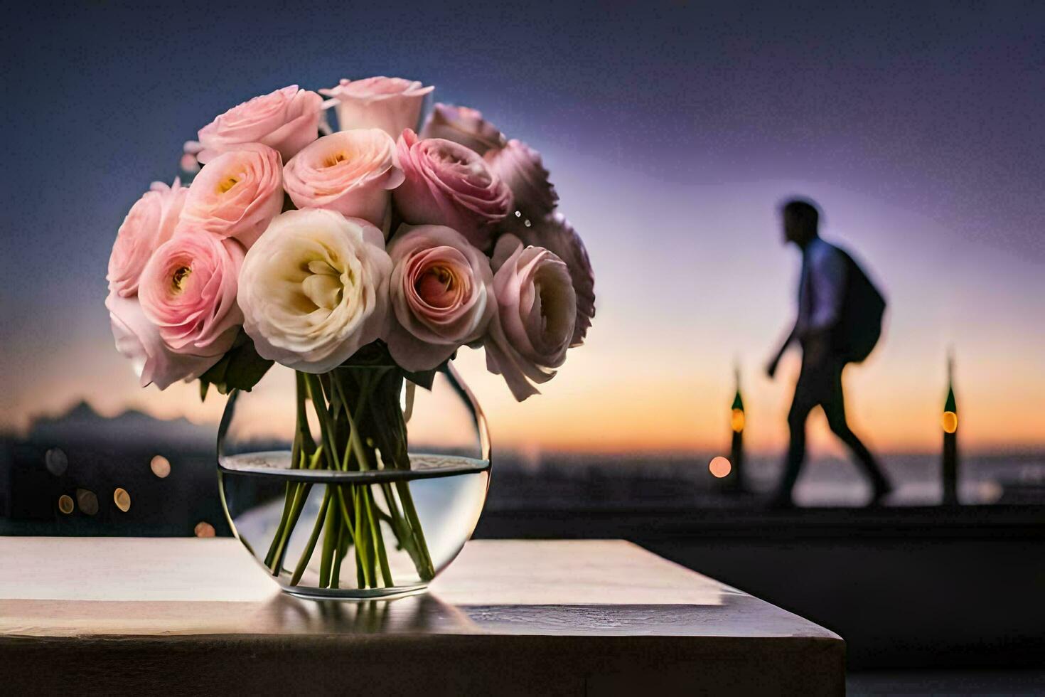 un florero de rosado rosas en un mesa con un hombre caminando por. generado por ai foto