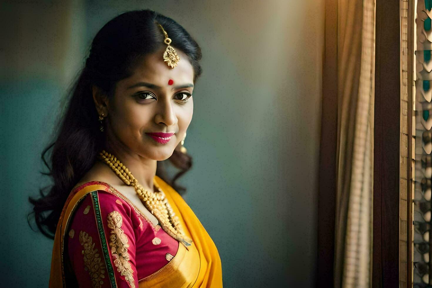 a beautiful indian bride in a traditional sari. AI-Generated photo