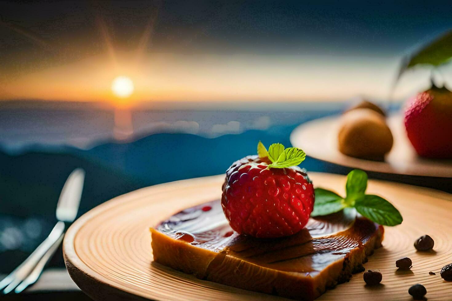 a dessert with strawberries and a cup of tea on a plate. AI-Generated photo