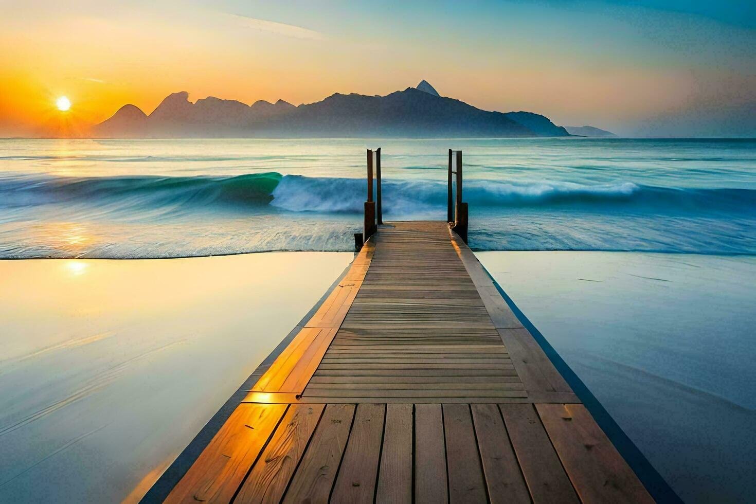 a wooden dock leads to the ocean at sunset. AI-Generated photo