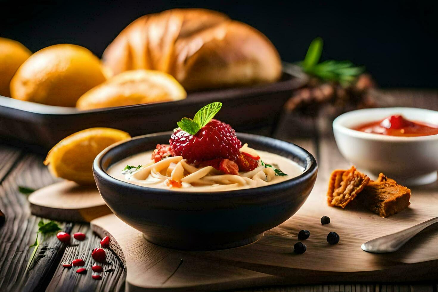 a bowl of pasta with a strawberry and a slice of bread on a wooden table. AI-Generated photo