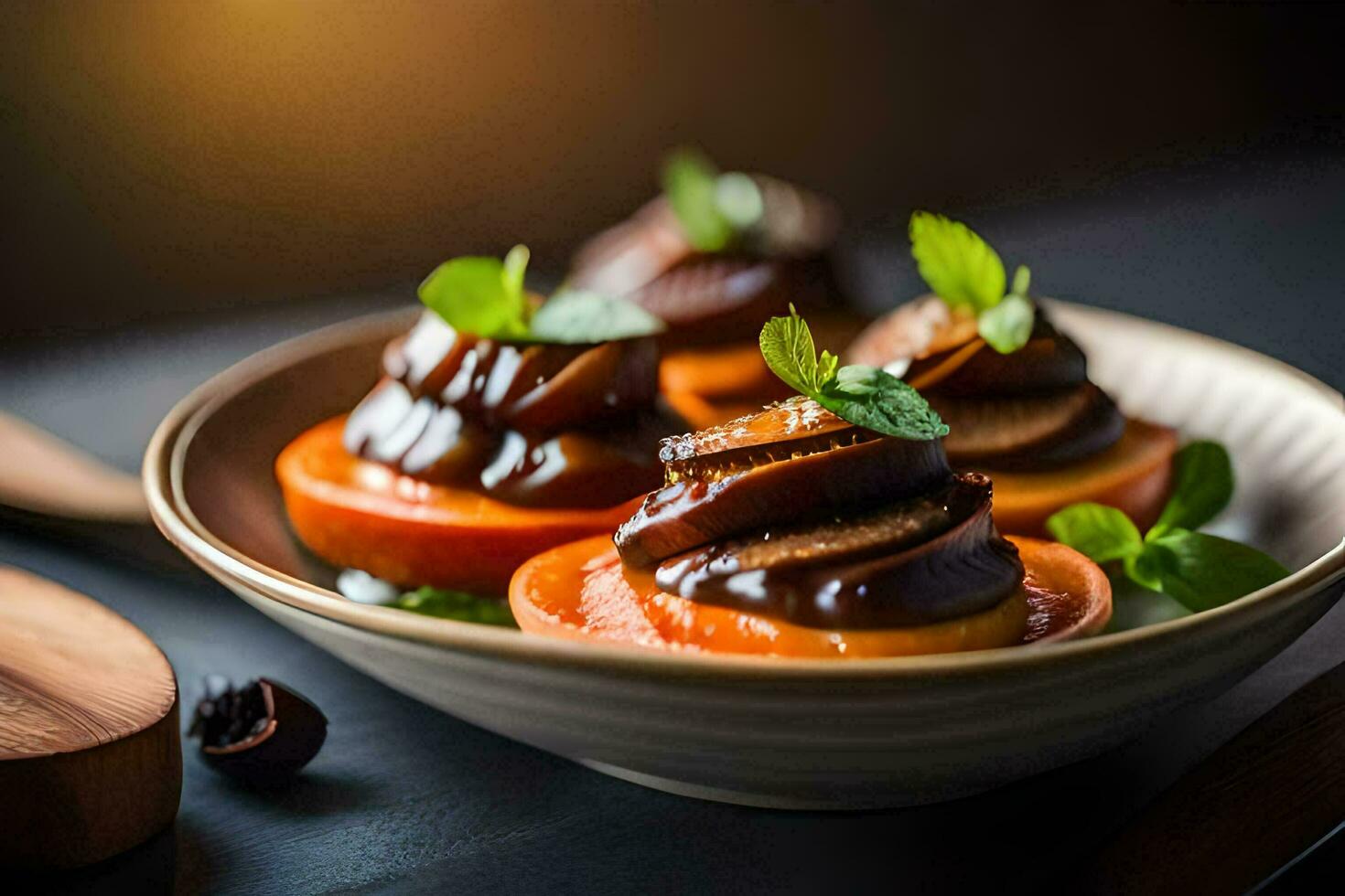 un plato de Fruta con chocolate salsa y menta hojas. generado por ai foto