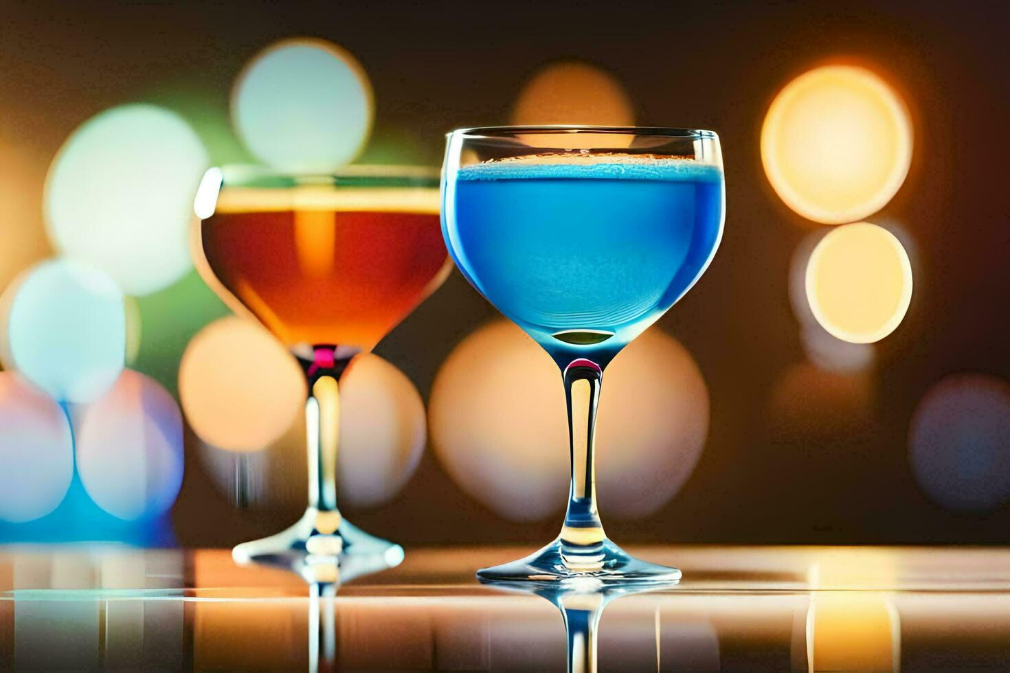 two glasses of colored liquid sit on a table. AI-Generated photo