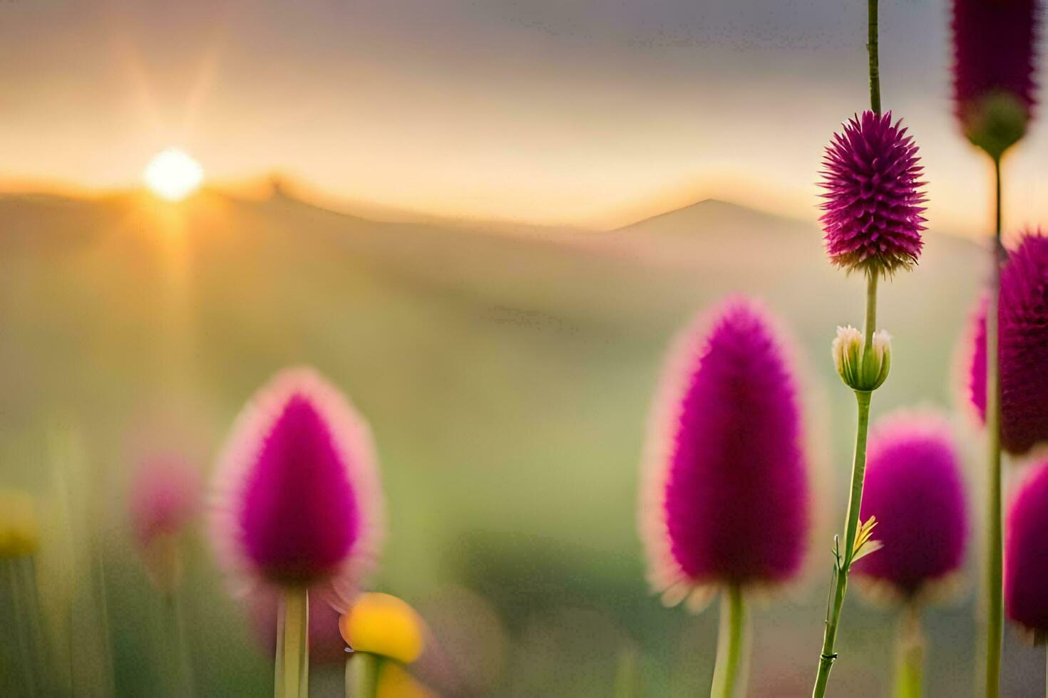 purple flowers in the sun with mountains in the background. AI-Generated photo
