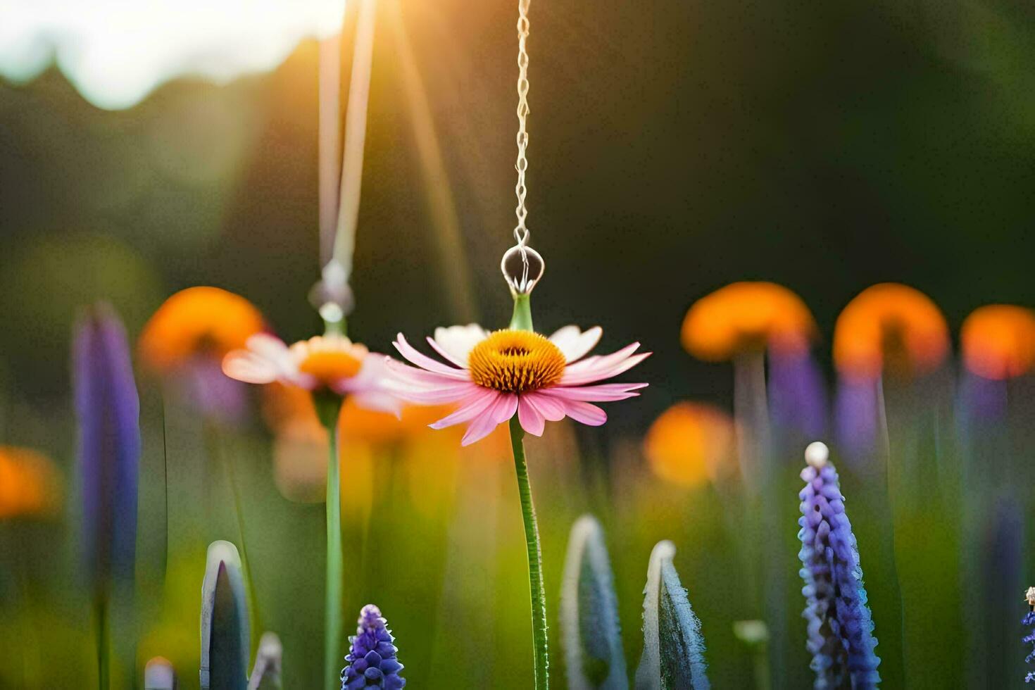 a flower hanging from a string in a field. AI-Generated photo