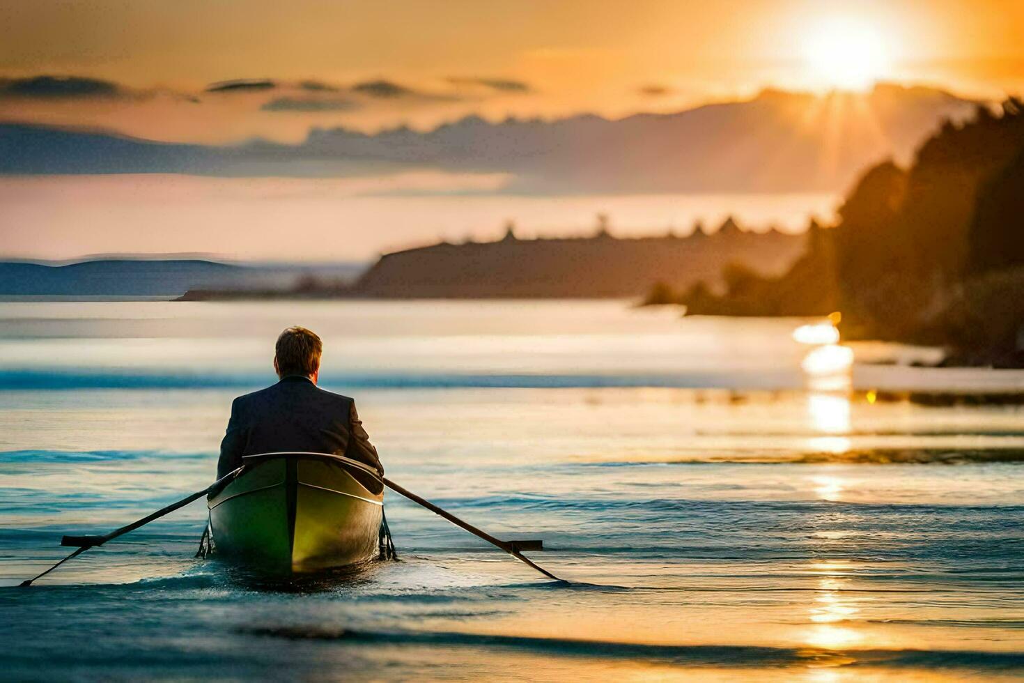 a man in a boat paddling out to sea at sunset. AI-Generated photo