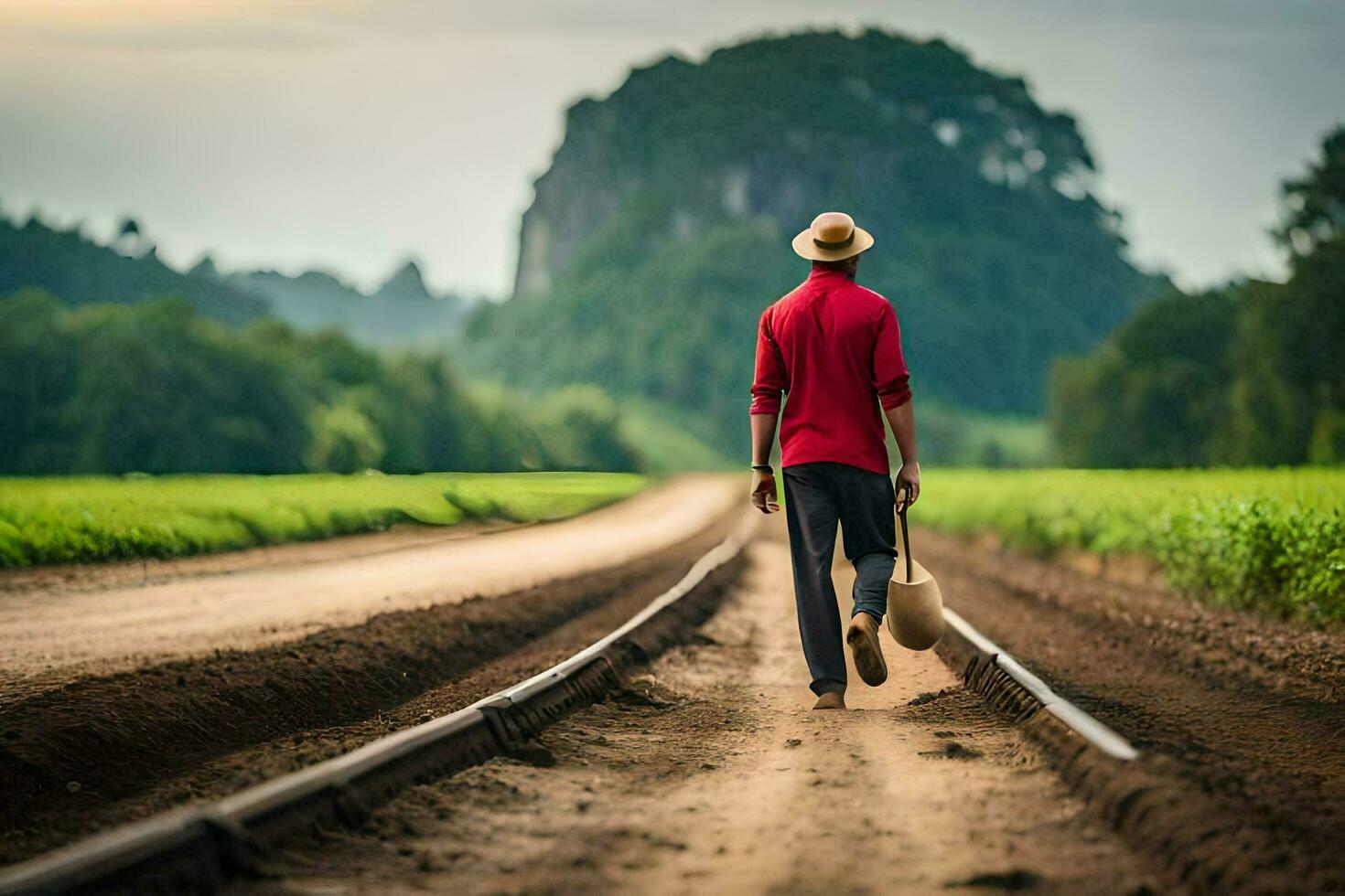 un hombre caminando abajo un la carretera con un sombrero en. generado por ai foto