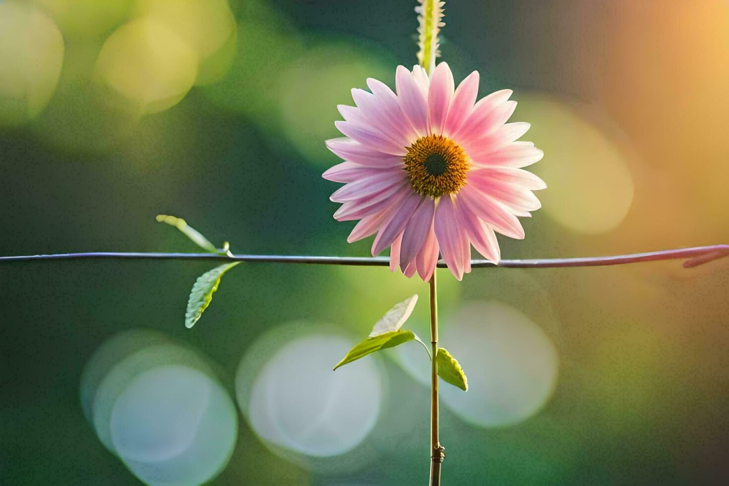 a single pink flower is sitting on a wire. AI-Generated photo