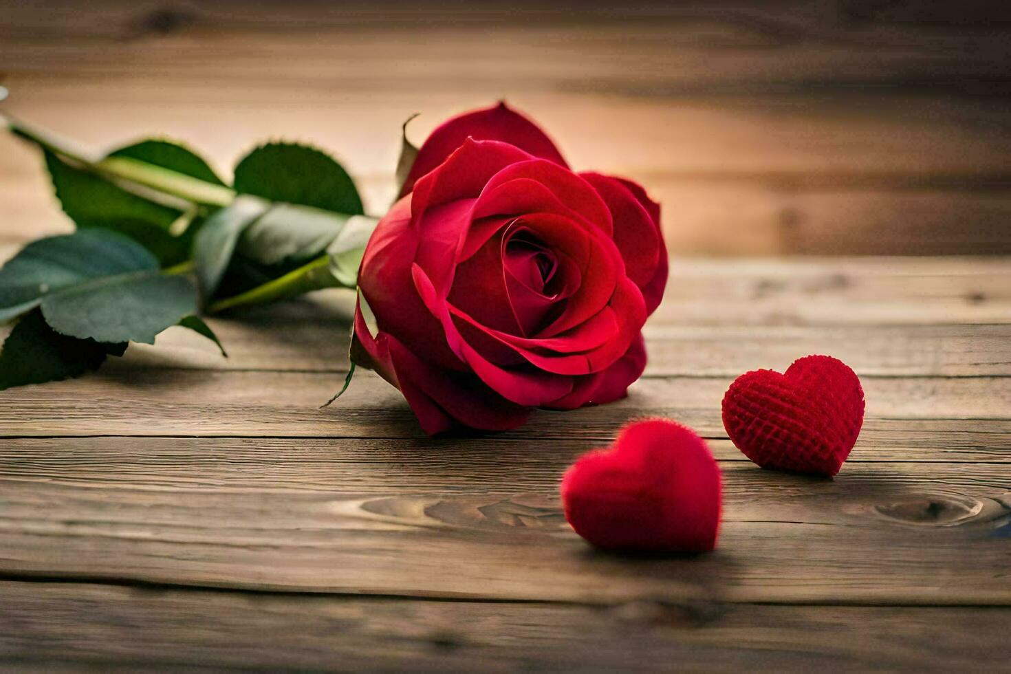 red rose on a wooden table with hearts. AI-Generated photo