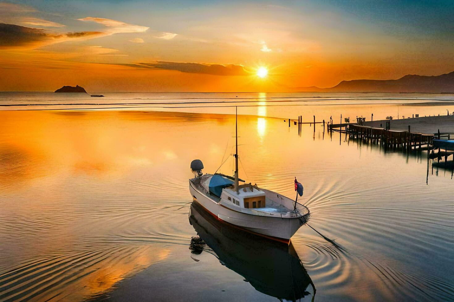 a boat is docked at the shore of a lake at sunset. AI-Generated photo