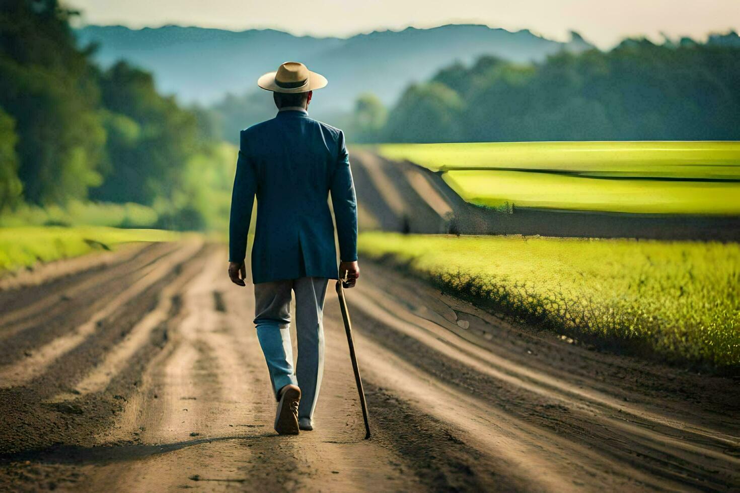 a man in a suit and hat walking down a dirt road. AI-Generated photo