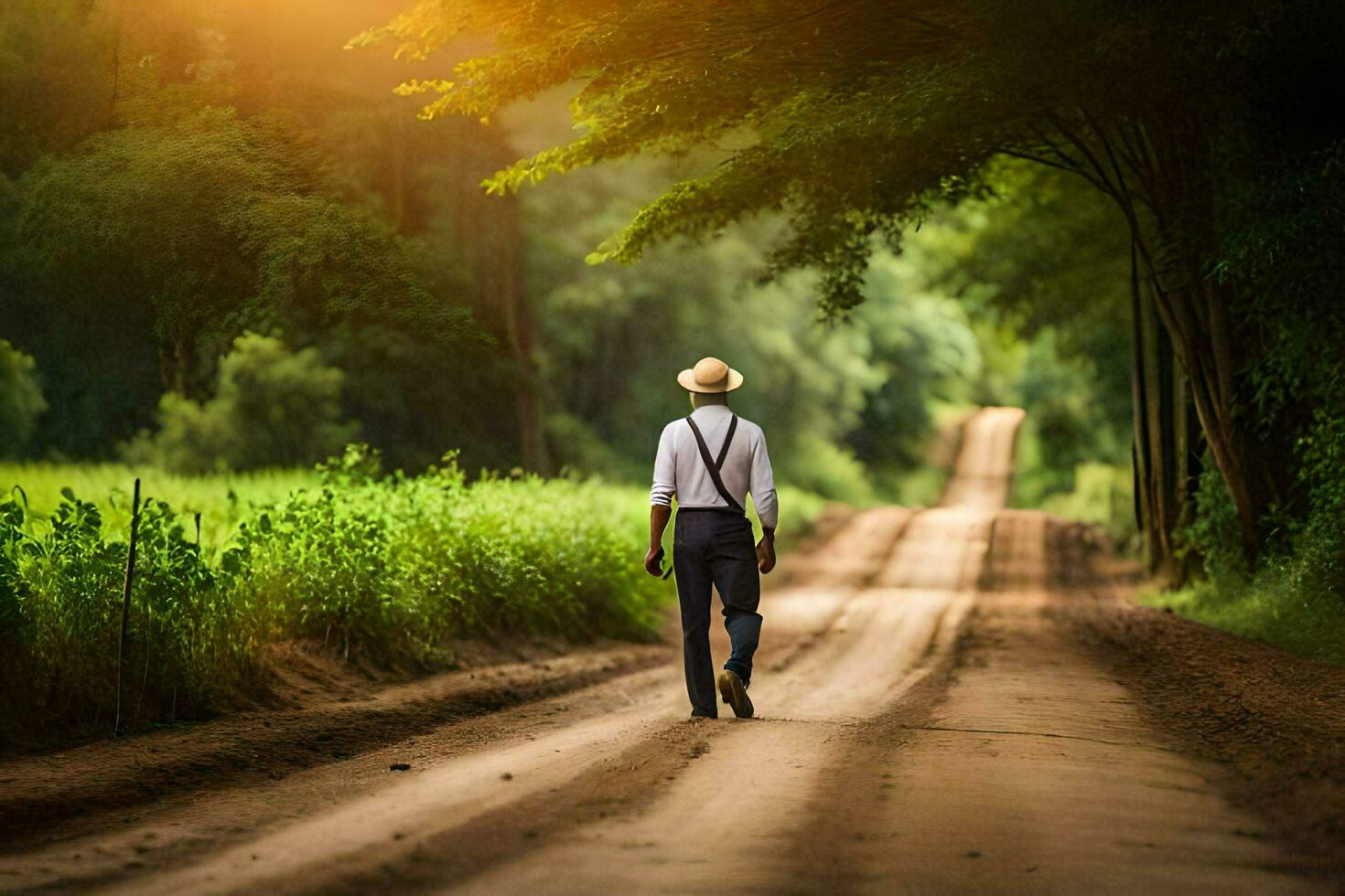 un hombre en un sombrero y tirantes camina abajo un suciedad la carretera. generado por ai foto