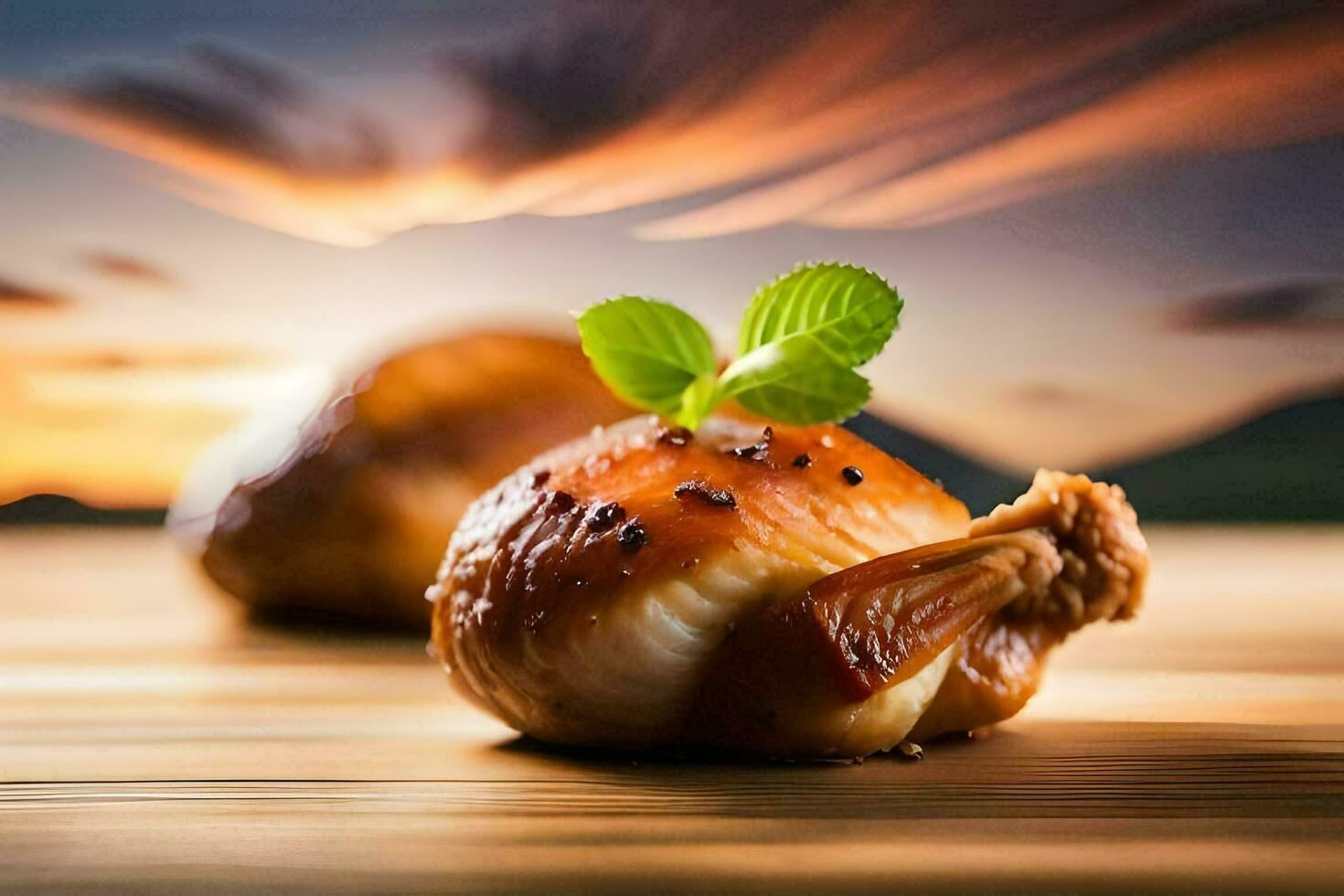 two pieces of chicken on a wooden table with a sunset in the background. AI-Generated photo