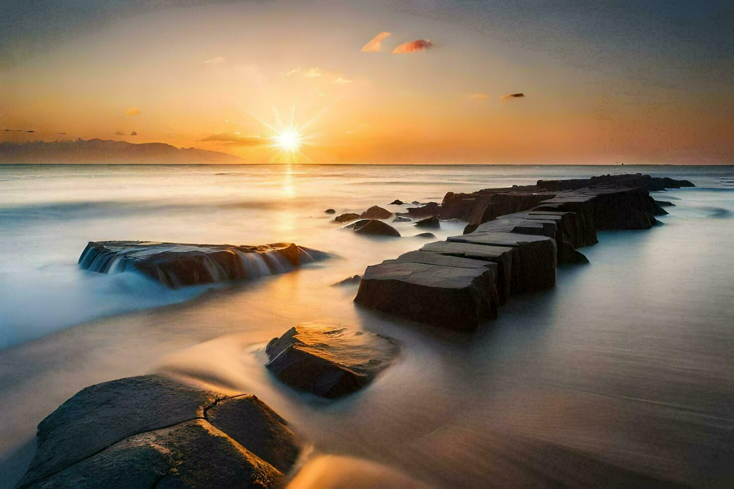 the sun rises over the ocean in this long exposure photograph. AI-Generated photo