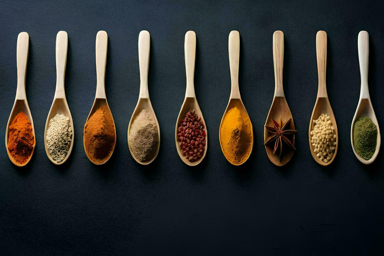 spoons with different spices and herbs. AI-Generated photo