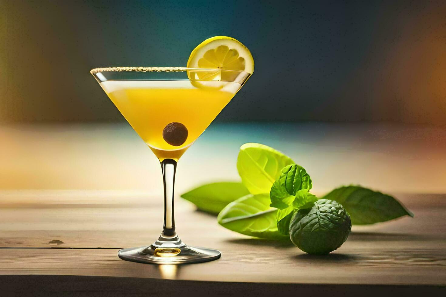 cocktail with lemon and mint on a wooden table. AI-Generated photo