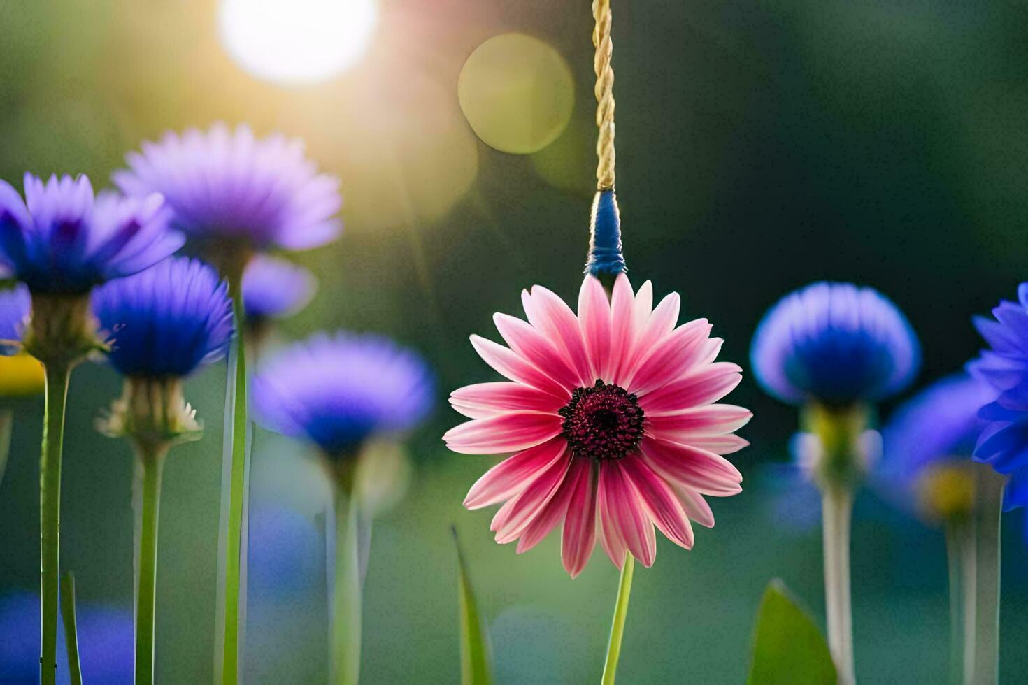 a pink flower is hanging from a string. AI-Generated photo