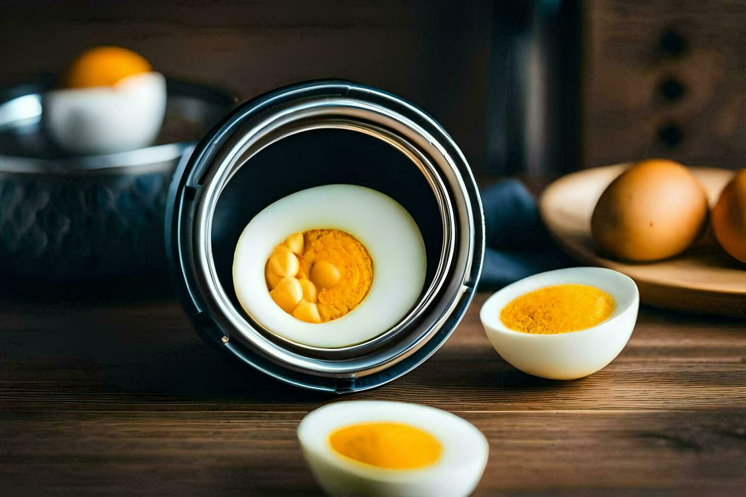 hard boiled eggs in a metal bowl. AI-Generated photo