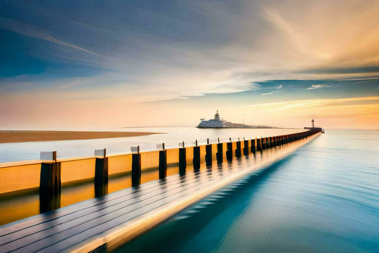 a long exposure photo of a pier at sunset. AI-Generated
