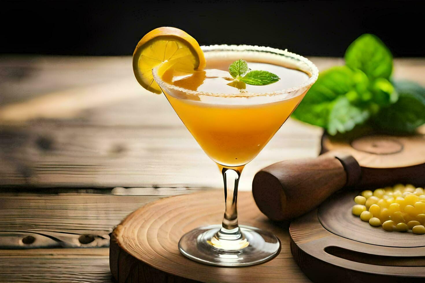 cocktail with lemon and mint on a wooden table. AI-Generated photo