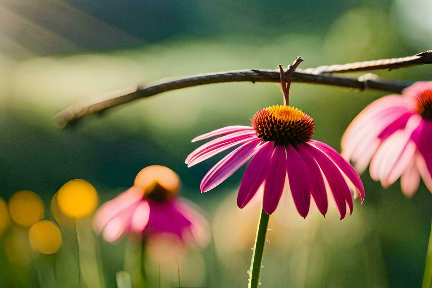 pink flowers in the sun with a branch. AI-Generated photo