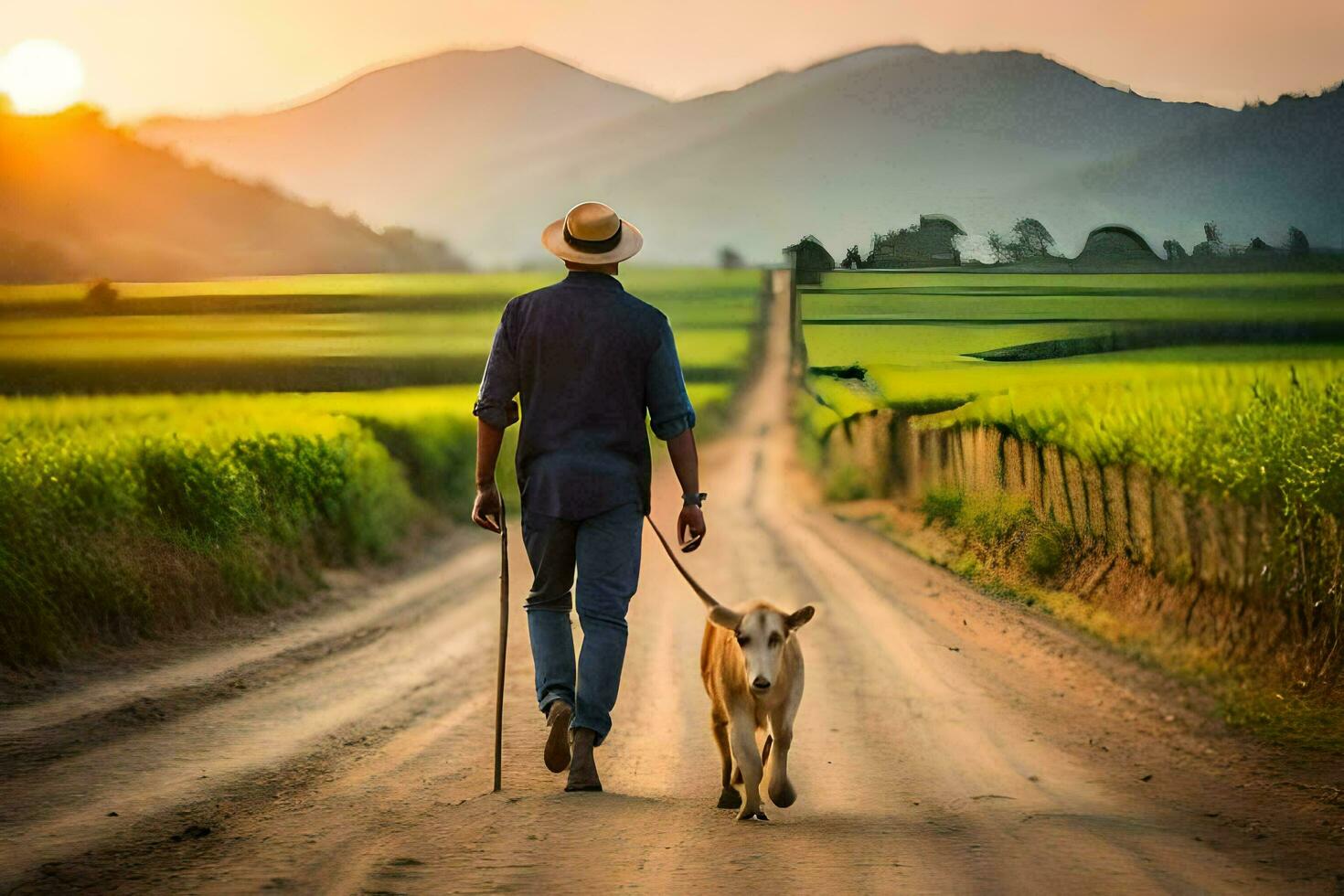 un hombre caminando su perro abajo un suciedad la carretera. generado por ai foto