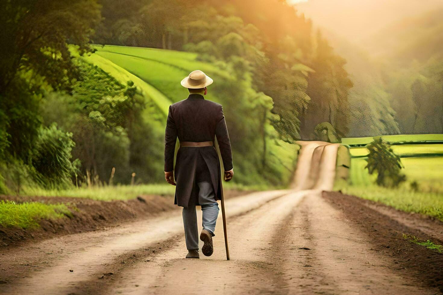 a man in a hat and cane walking down a dirt road. AI-Generated photo