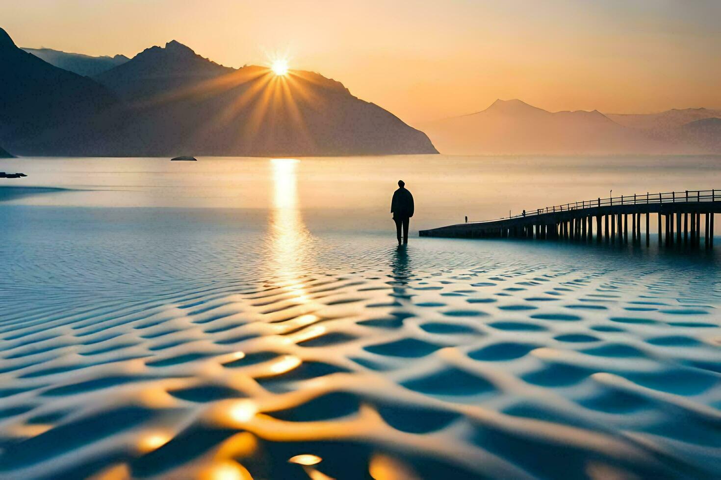 a man stands on a pier looking at the sun setting over a lake. AI-Generated photo