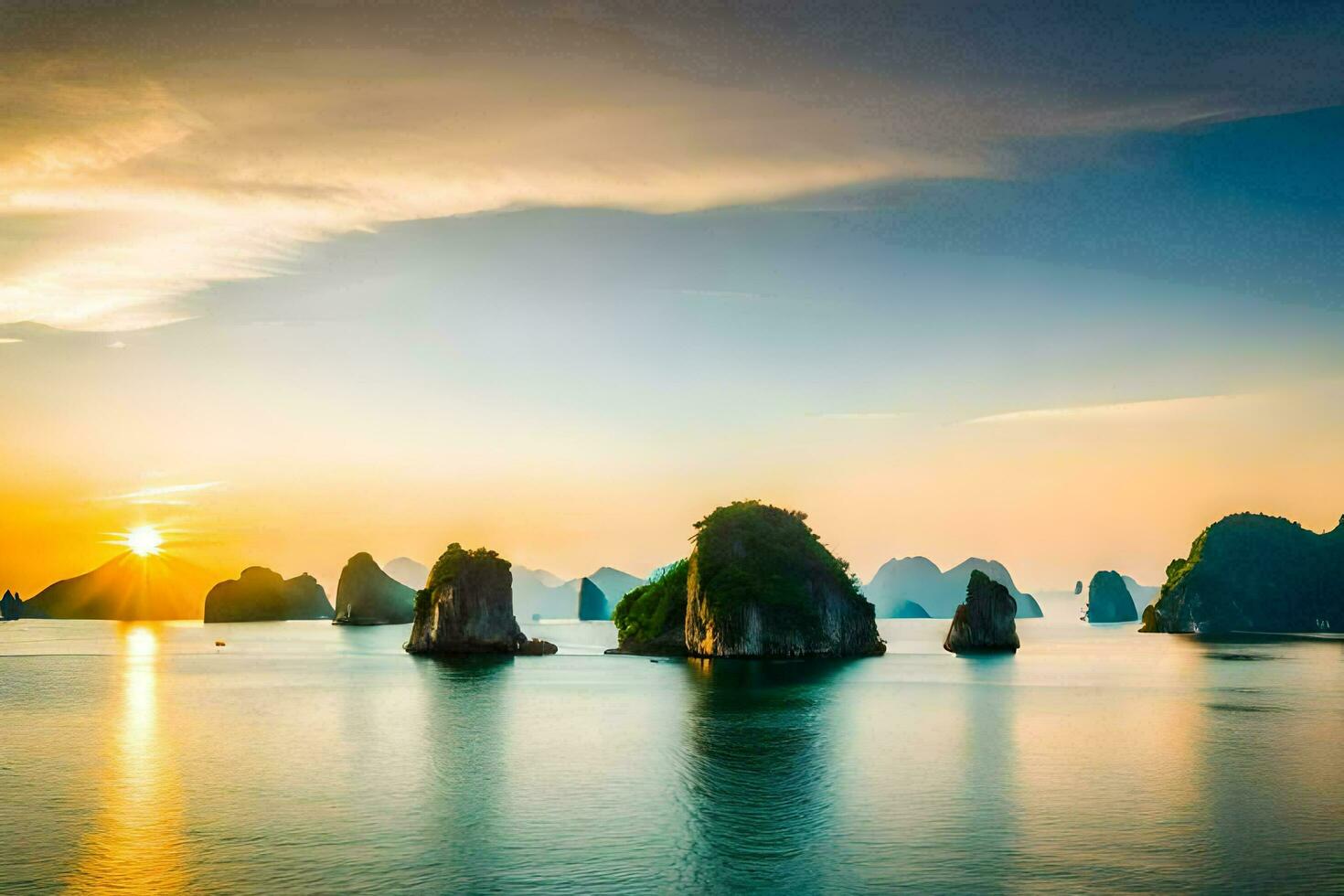 the sun sets over the water in halong bay, vietnam. AI-Generated photo