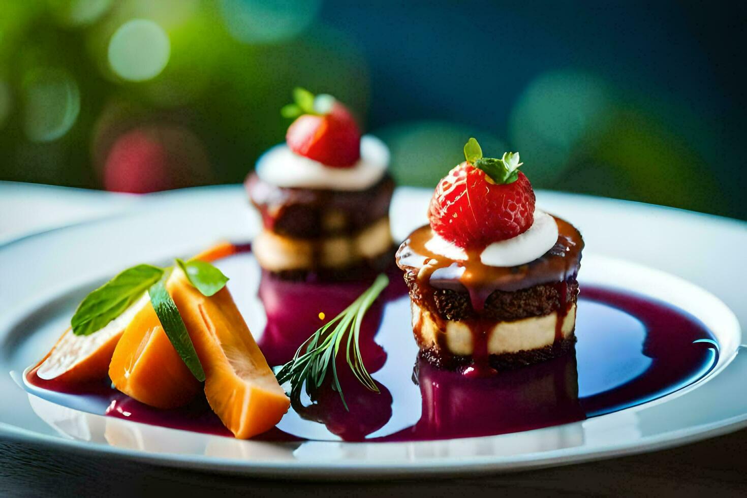 a plate with dessert and fruit on it. AI-Generated photo