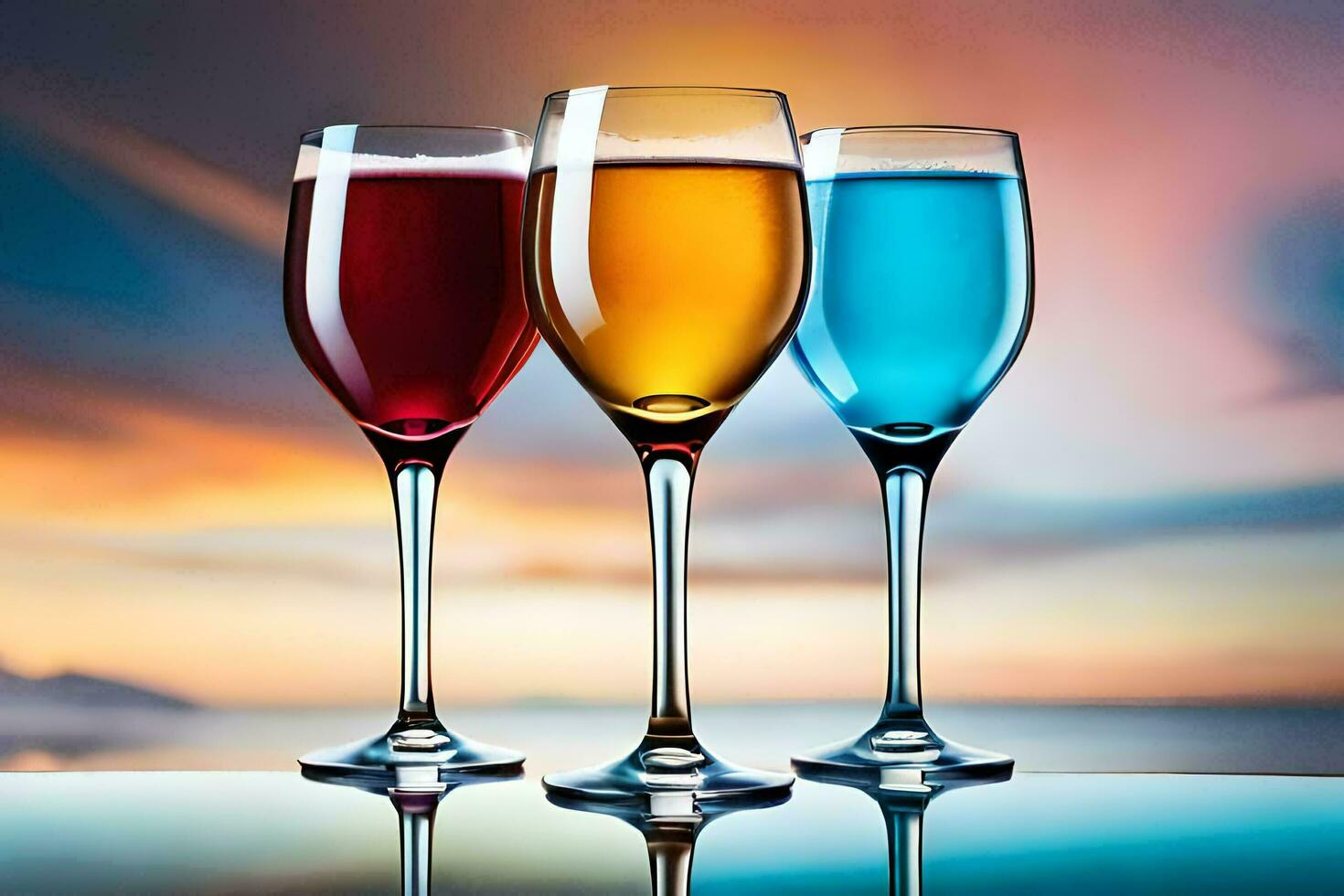 three glasses of wine with different colors on a table. AI-Generated photo
