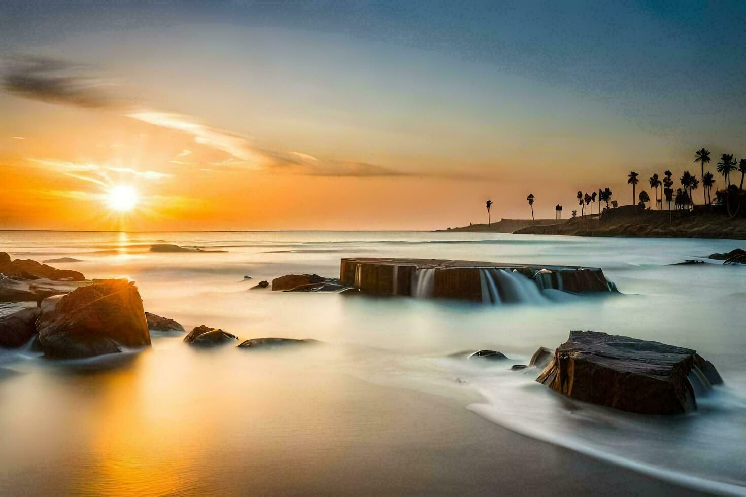 the sun sets over the ocean and rocks. AI-Generated photo